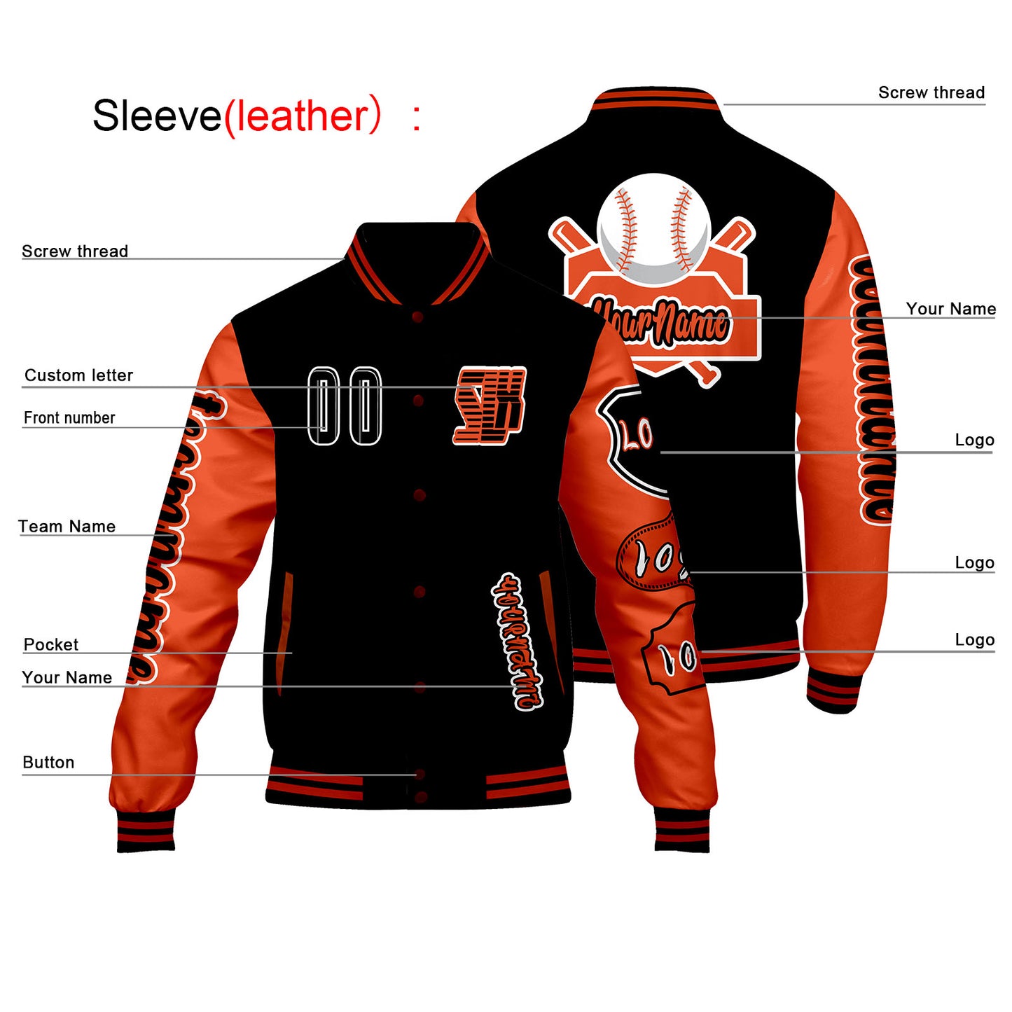 Custom Black Orange Letterman Varsity Jacket Personalized Embroidery Printing