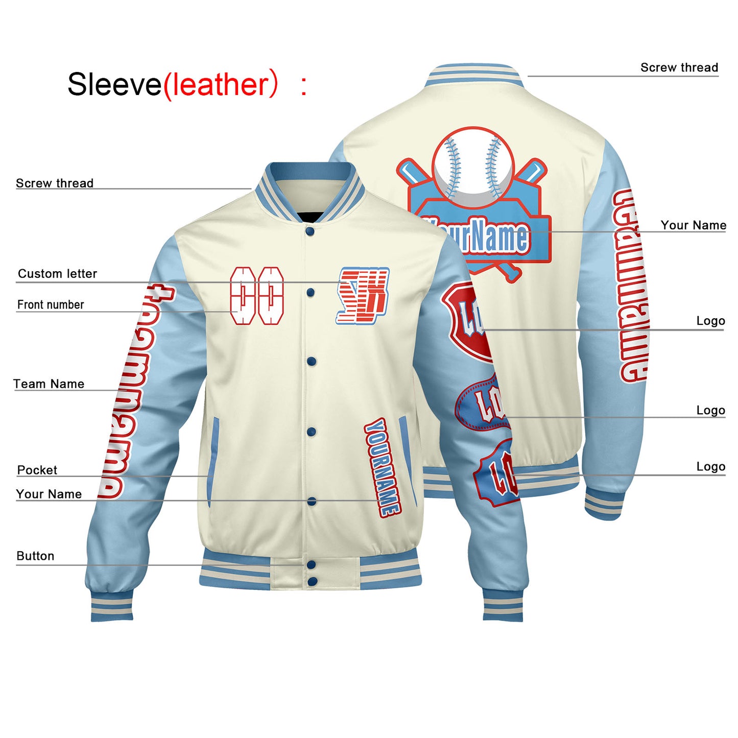 Custom White Blue Letterman Varsity Jacket Personalized Embroidery Printing