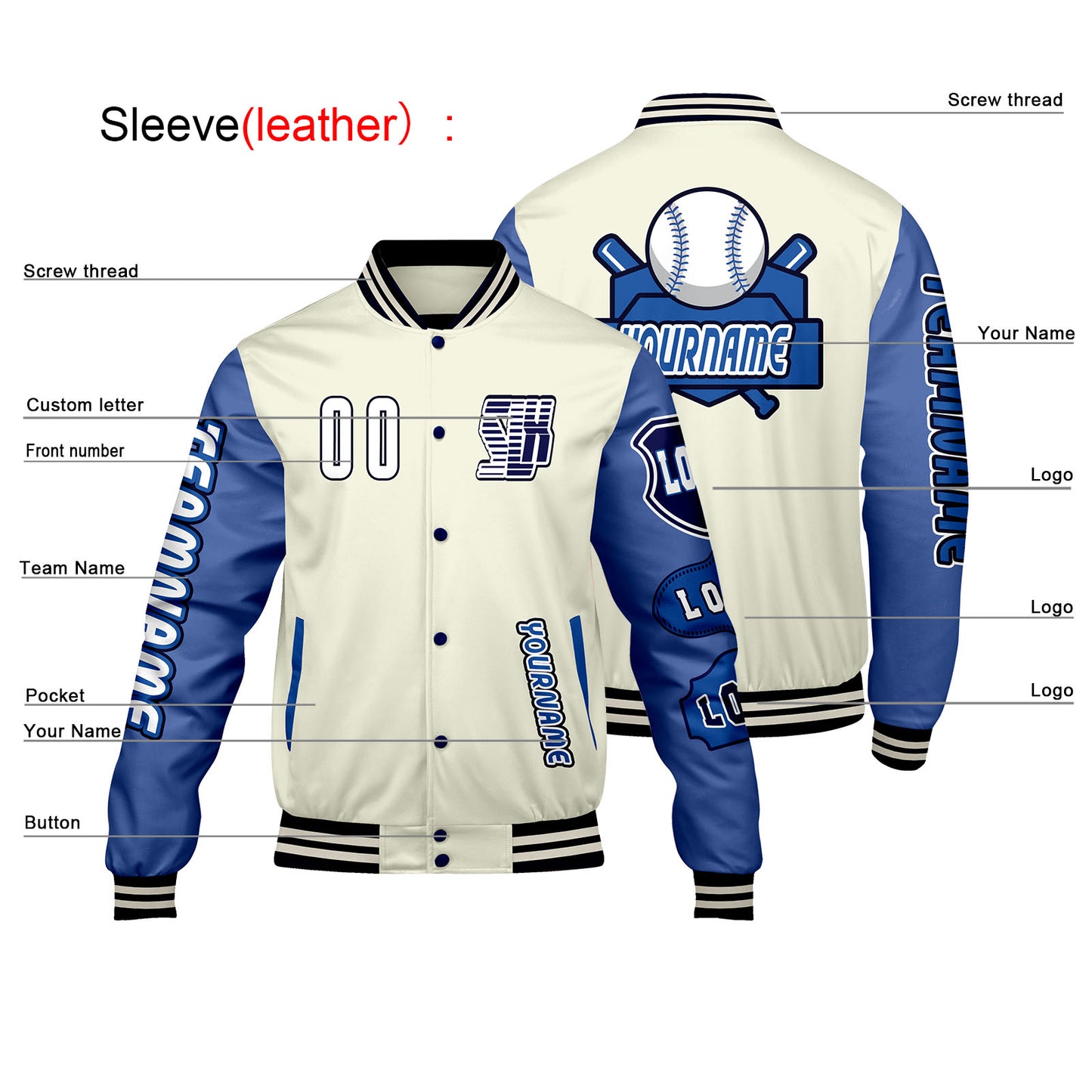 Custom White Blue Letterman Varsity Jacket Personalized Embroidery Printing