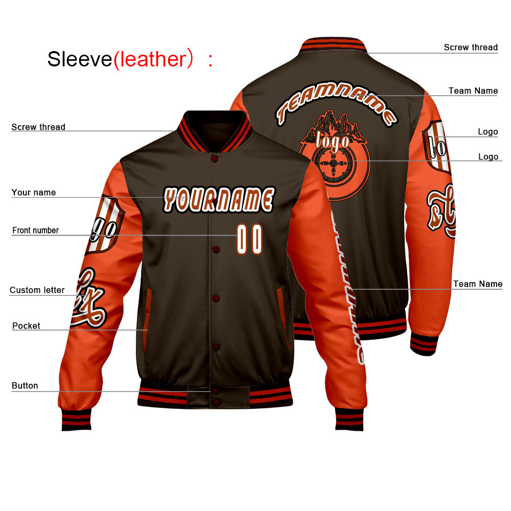 Custom Brown Orange Letterman Varsity Jacket Personalized Embroidery Printing