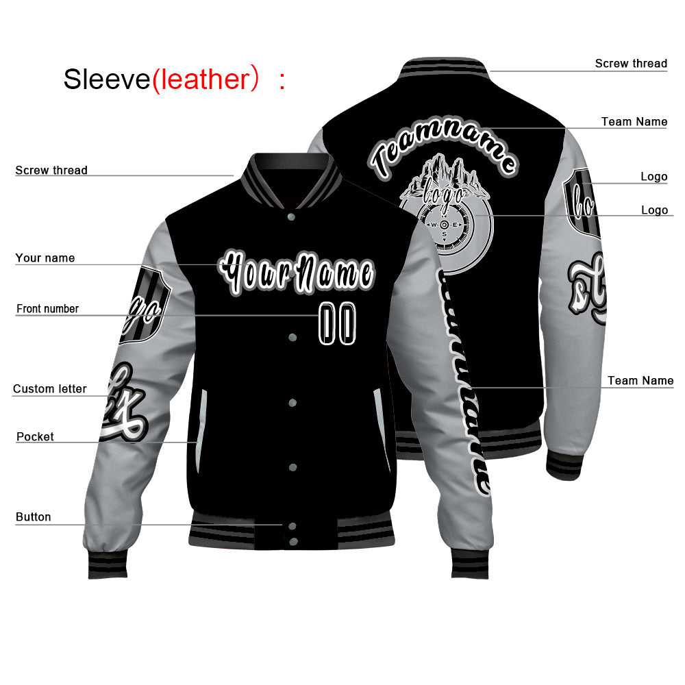 Custom Black Grey Letterman Varsity Jacket Personalized Embroidery Printing