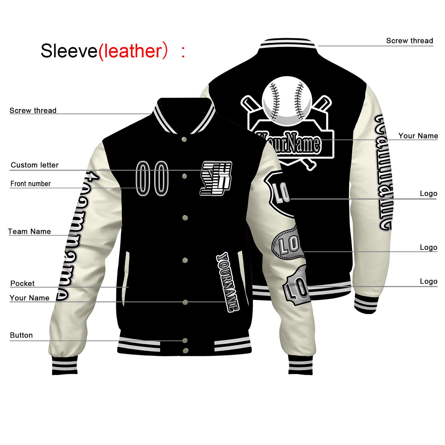 Custom Black White Letterman Varsity Jacket Personalized Embroidery Printing