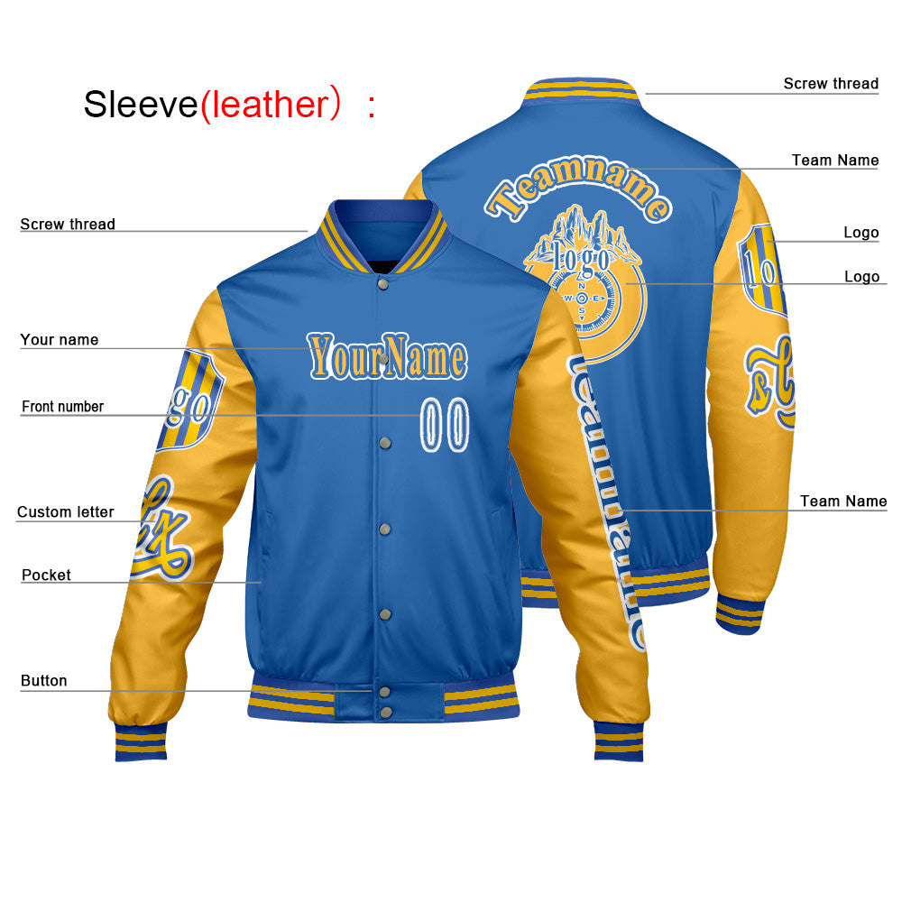 Custom Blue Yellow Letterman Varsity Jacket Personalized Embroidery Printing