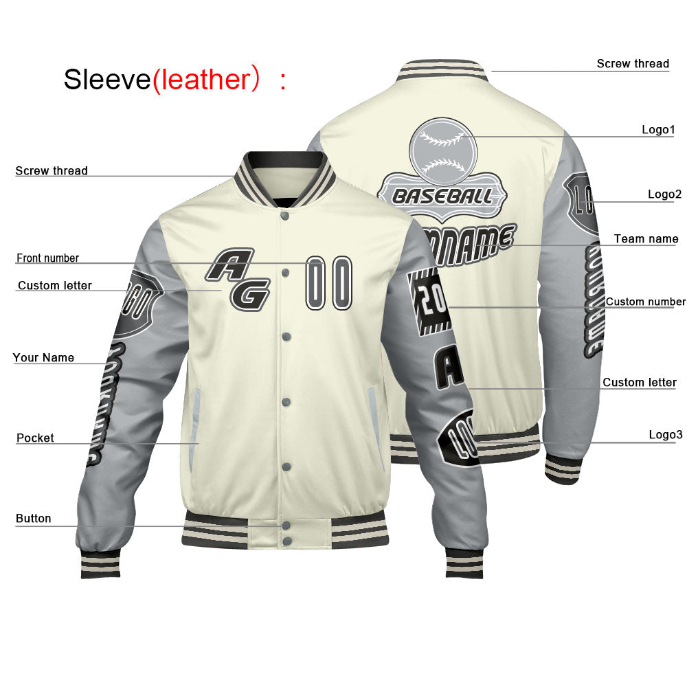 Custom Grey White Letterman Varsity Jacket Personalized Embroidery Printing