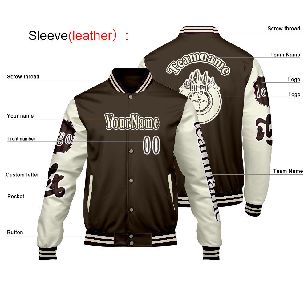 Custom Brown White Letterman Varsity Jacket Personalized Embroidery Printing