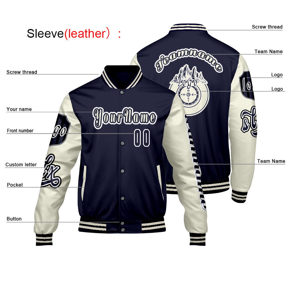 Custom Navy White Letterman Varsity Jacket Personalized Embroidery Printing