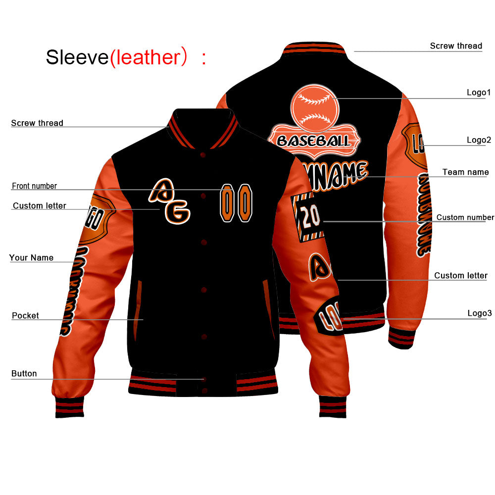 Custom Black Orange Letterman Varsity Jacket Personalized Embroidery Printing