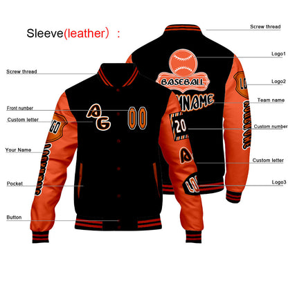 Custom Black Orange Letterman Varsity Jacket Personalized Embroidery Printing