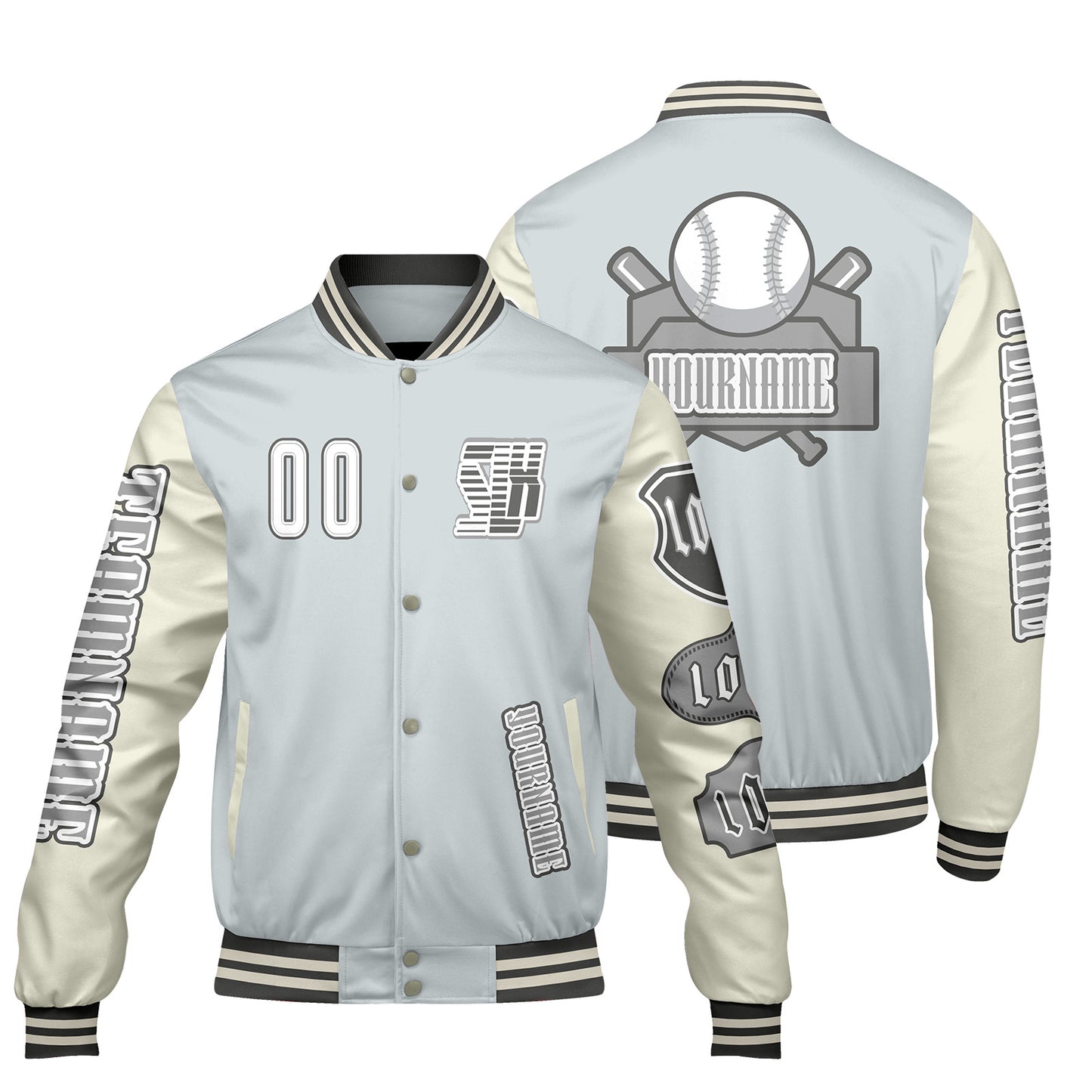 Custom Grey White Letterman Varsity Jacket Personalized Embroidery Printing