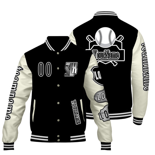 Custom Black White Letterman Varsity Jacket Personalized Embroidery Printing