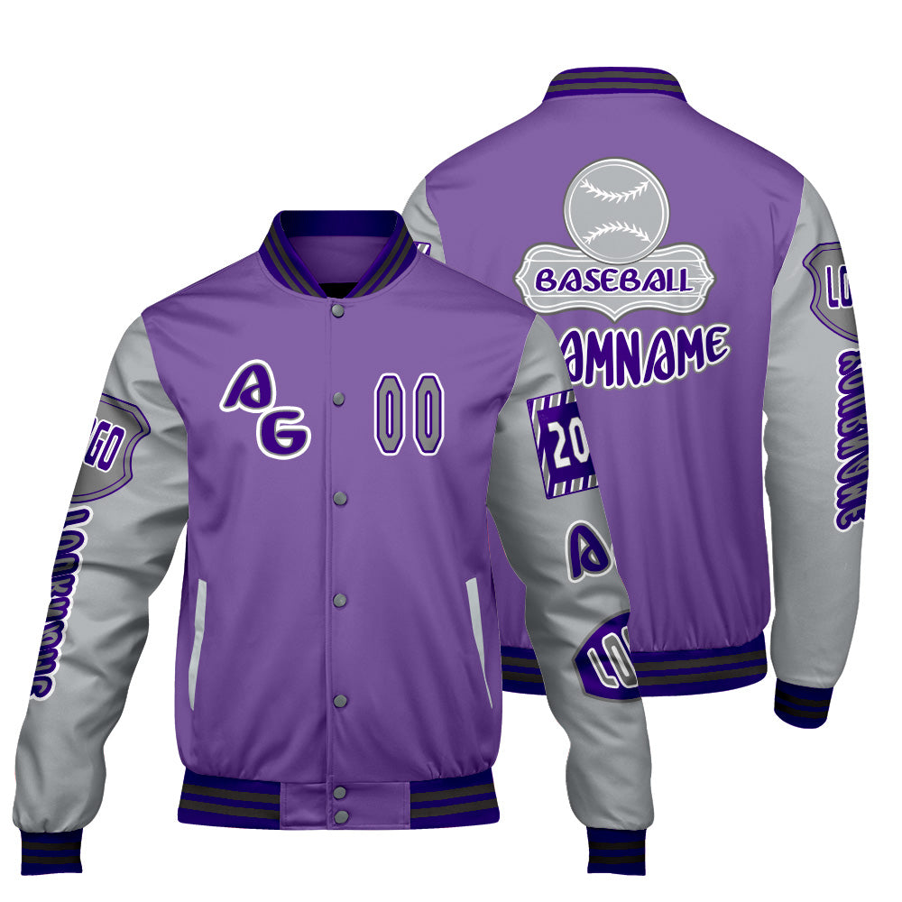 Custom Purple Grey Letterman Varsity Jacket Personalized Embroidery Printing