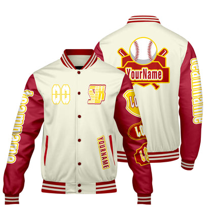 Custom White Red Letterman Varsity Jacket Personalized Embroidery Printing