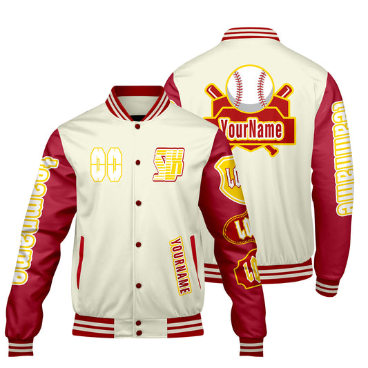 Custom White Red Letterman Varsity Jacket Personalized Embroidery Printing