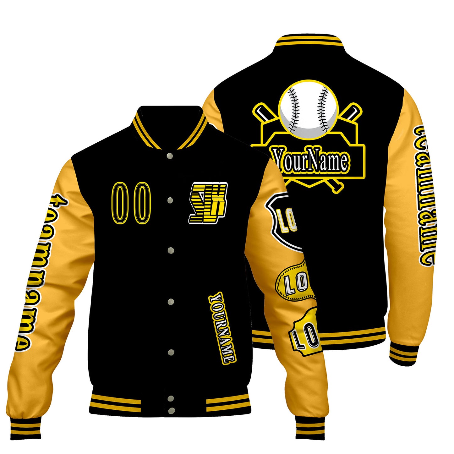 Custom Black Yellow Letterman Varsity Jacket Personalized Embroidery Printing
