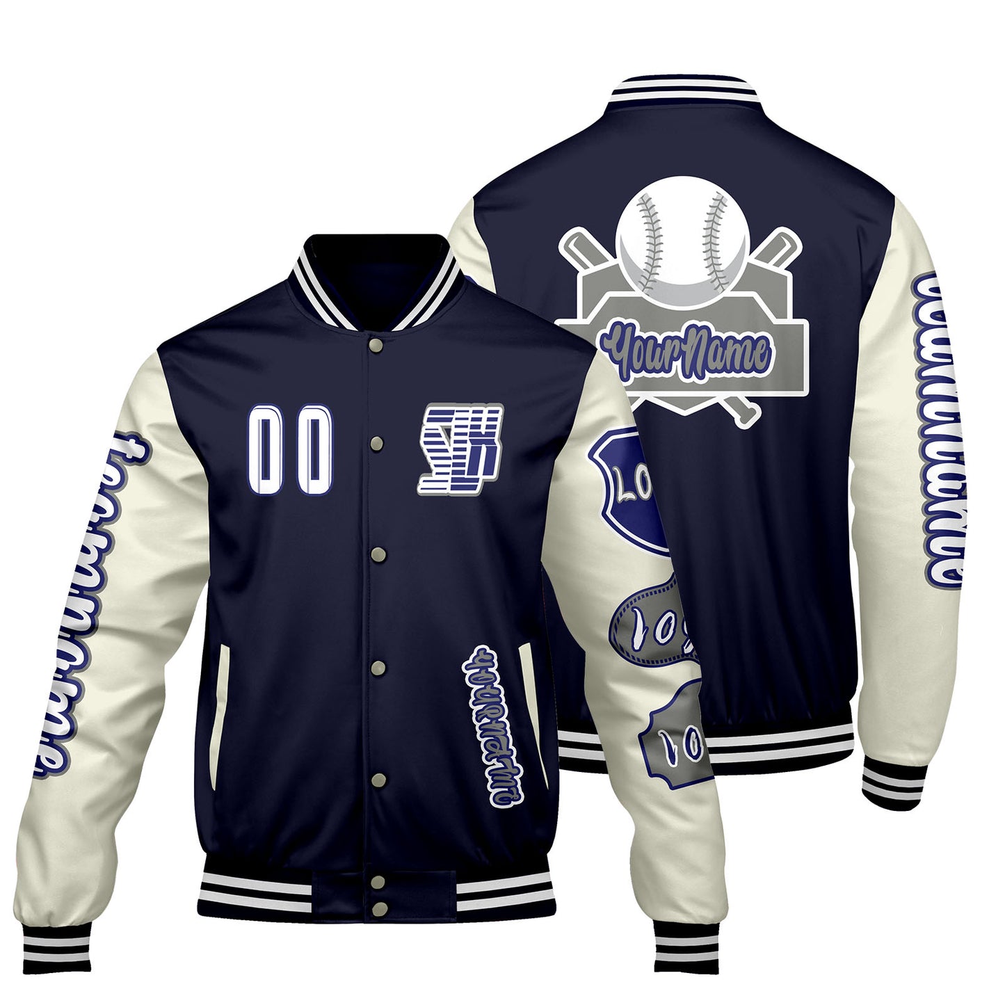 Custom Navy White Letterman Varsity Jacket Personalized Embroidery Printing