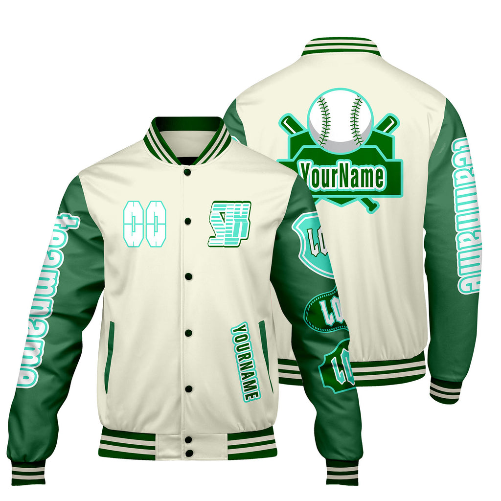 Custom White Green Letterman Varsity Jacket Personalized Embroidery Printing