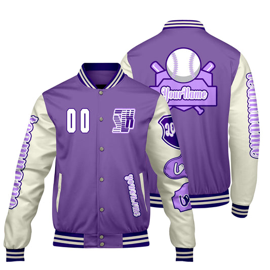 Custom Purple White Letterman Varsity Jacket Personalized Embroidery Printing