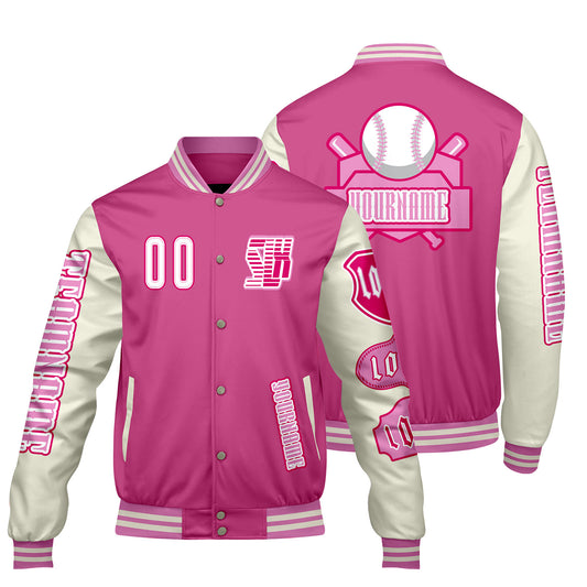 Custom Pink White Letterman Varsity Jacket Personalized Embroidery Printing