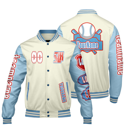 Custom White Blue Letterman Varsity Jacket Personalized Embroidery Printing