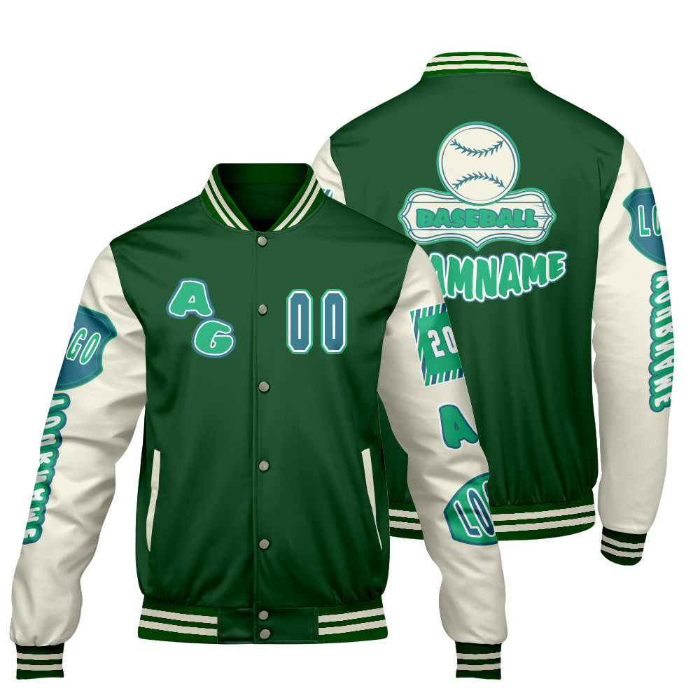 Custom Green White Letterman Varsity Jacket Personalized Embroidery Printing