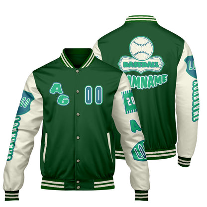 Custom Green White Letterman Varsity Jacket Personalized Embroidery Printing