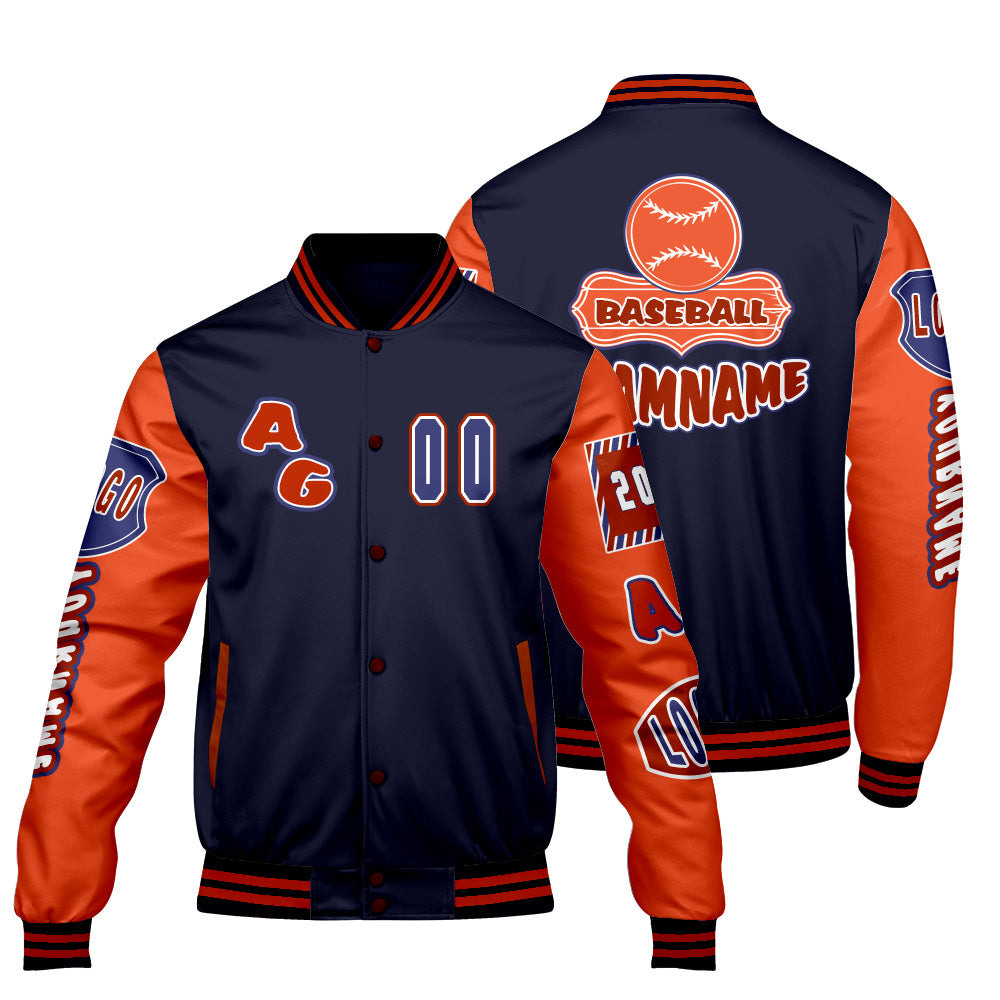 Custom Navy Orange Letterman Varsity Jacket Personalized Embroidery Printing