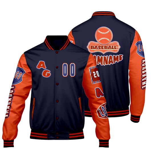 Custom Navy Orange Letterman Varsity Jacket Personalized Embroidery Printing