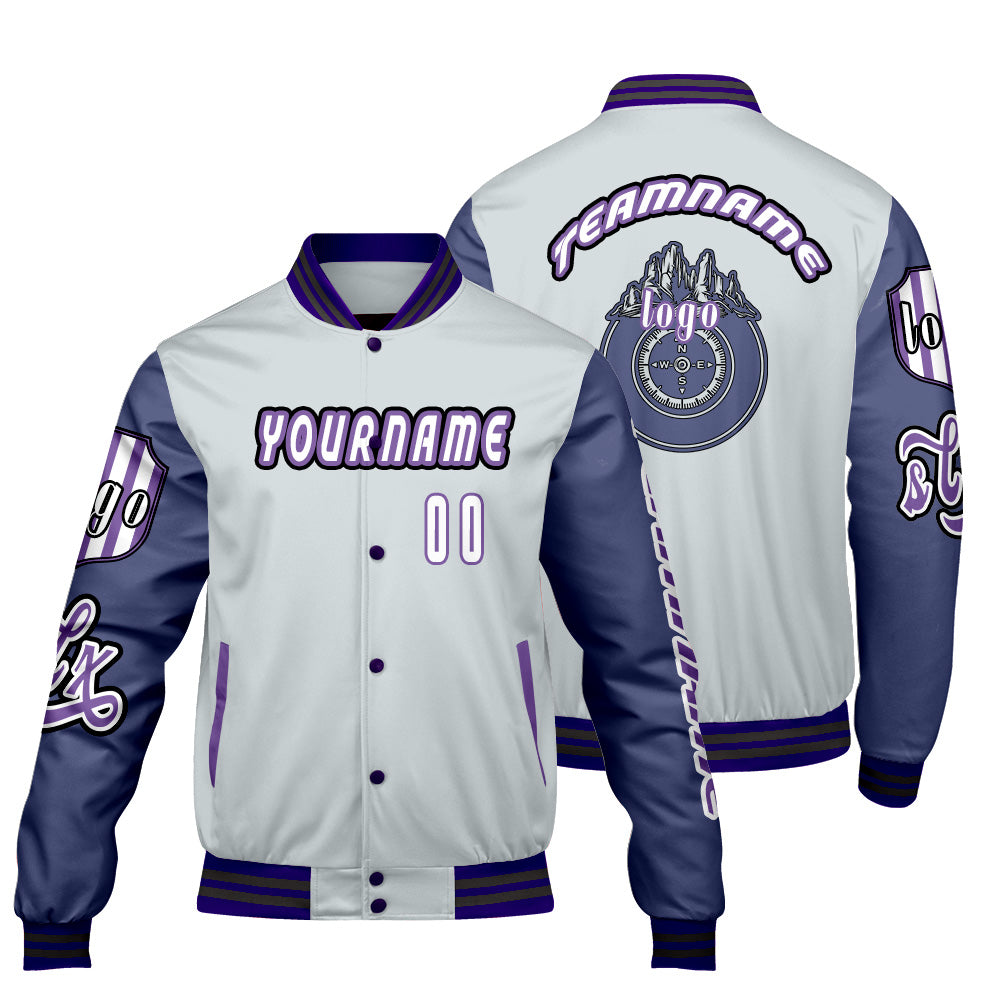 Custom Grey Purple Letterman Varsity Jacket Personalized Embroidery Printing