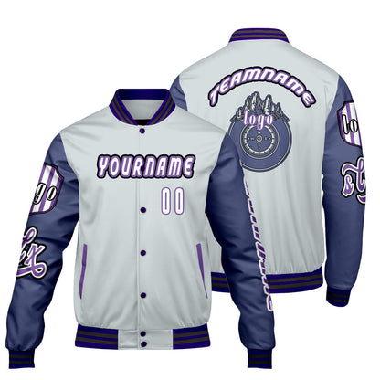 Custom Grey Purple Letterman Varsity Jacket Personalized Embroidery Printing