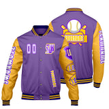Custom Purple Yellow Letterman Varsity Jacket Personalized Embroidery Printing