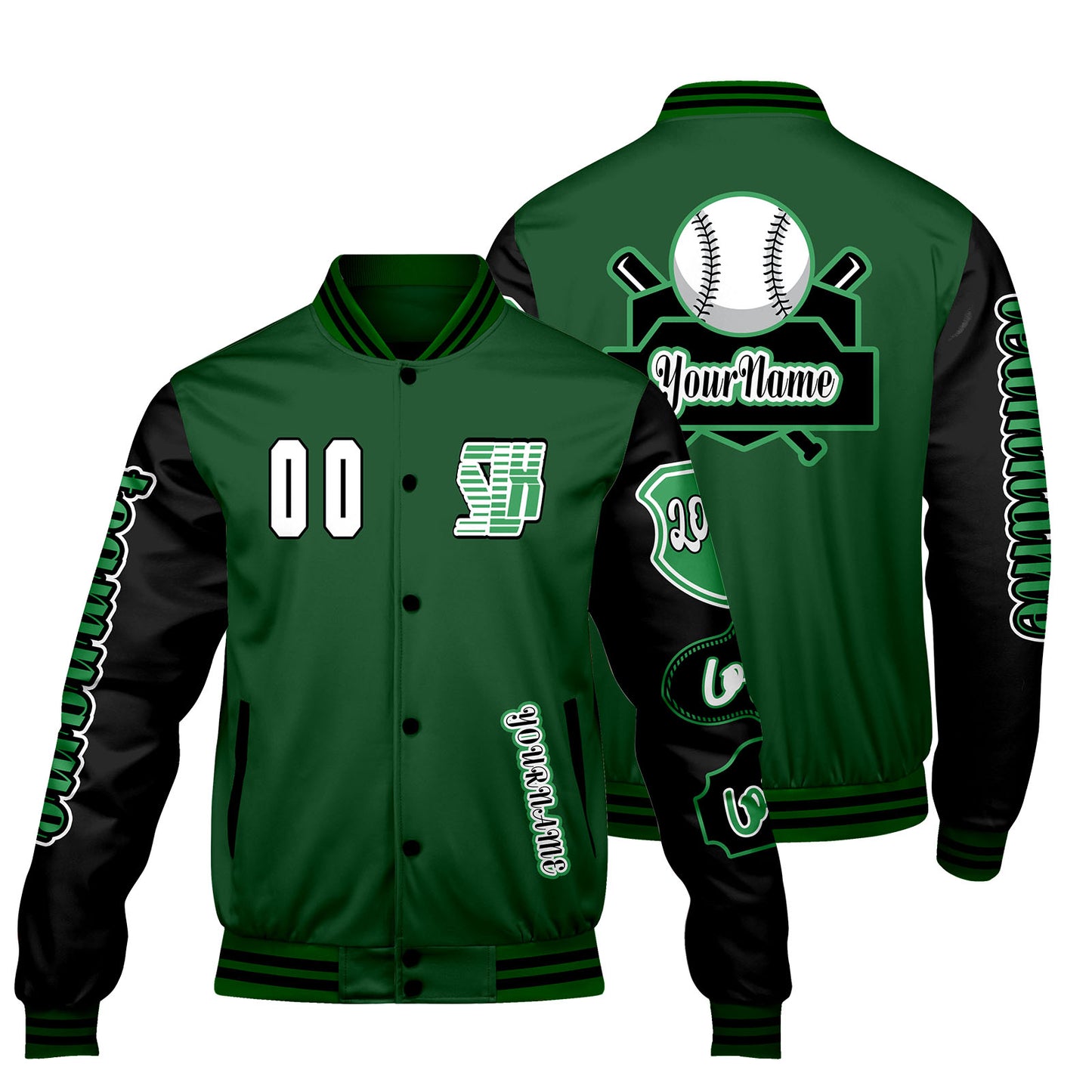 Custom Green Black Letterman Varsity Jacket Personalized Embroidery Printing