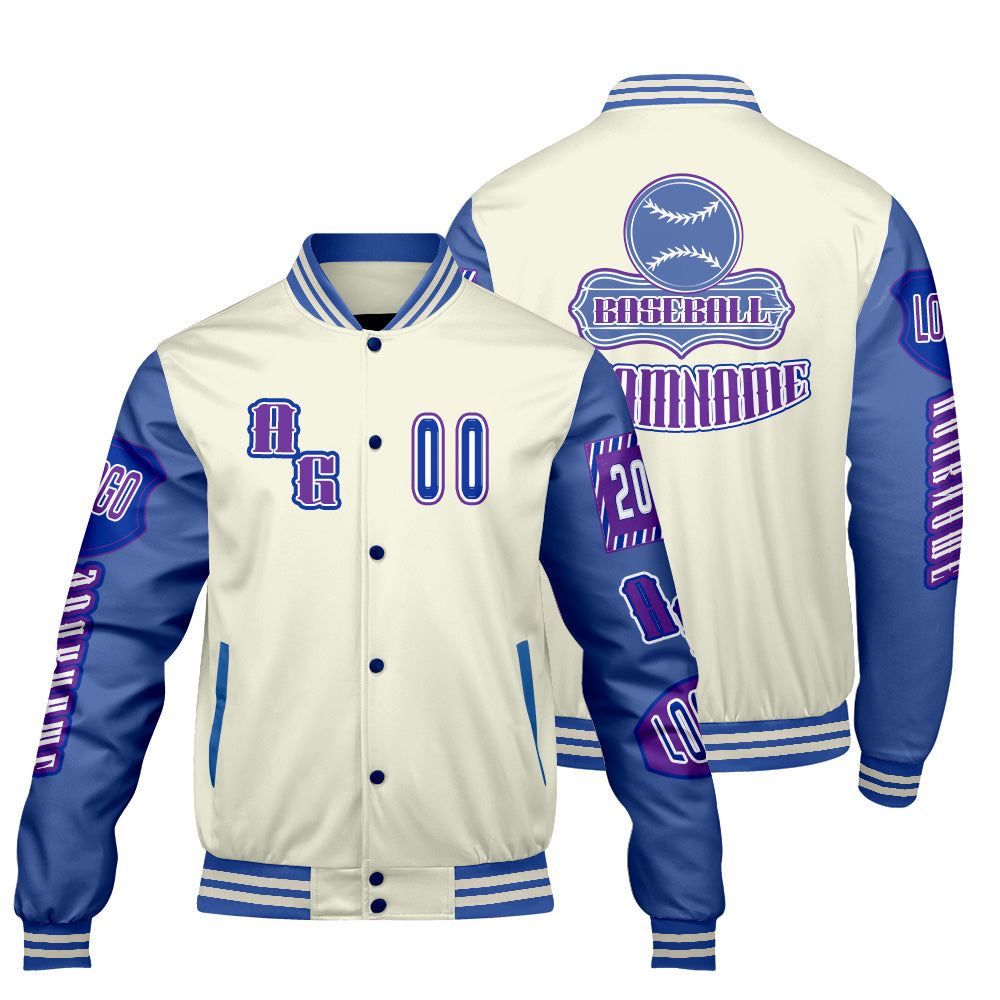 Custom White Blue Purple Letterman Varsity Jacket Personalized Embroidery Printing