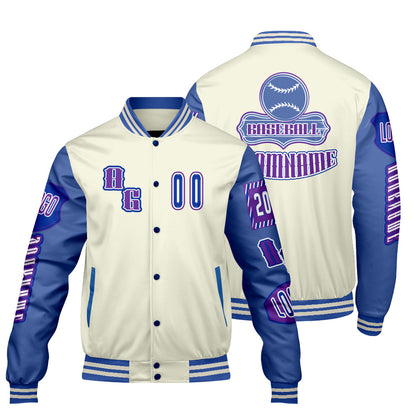 Custom White Blue Purple Letterman Varsity Jacket Personalized Embroidery Printing