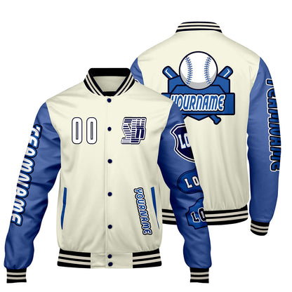 Custom White Blue Letterman Varsity Jacket Personalized Embroidery Printing