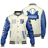 Custom White Blue Letterman Varsity Jacket Personalized Embroidery Printing