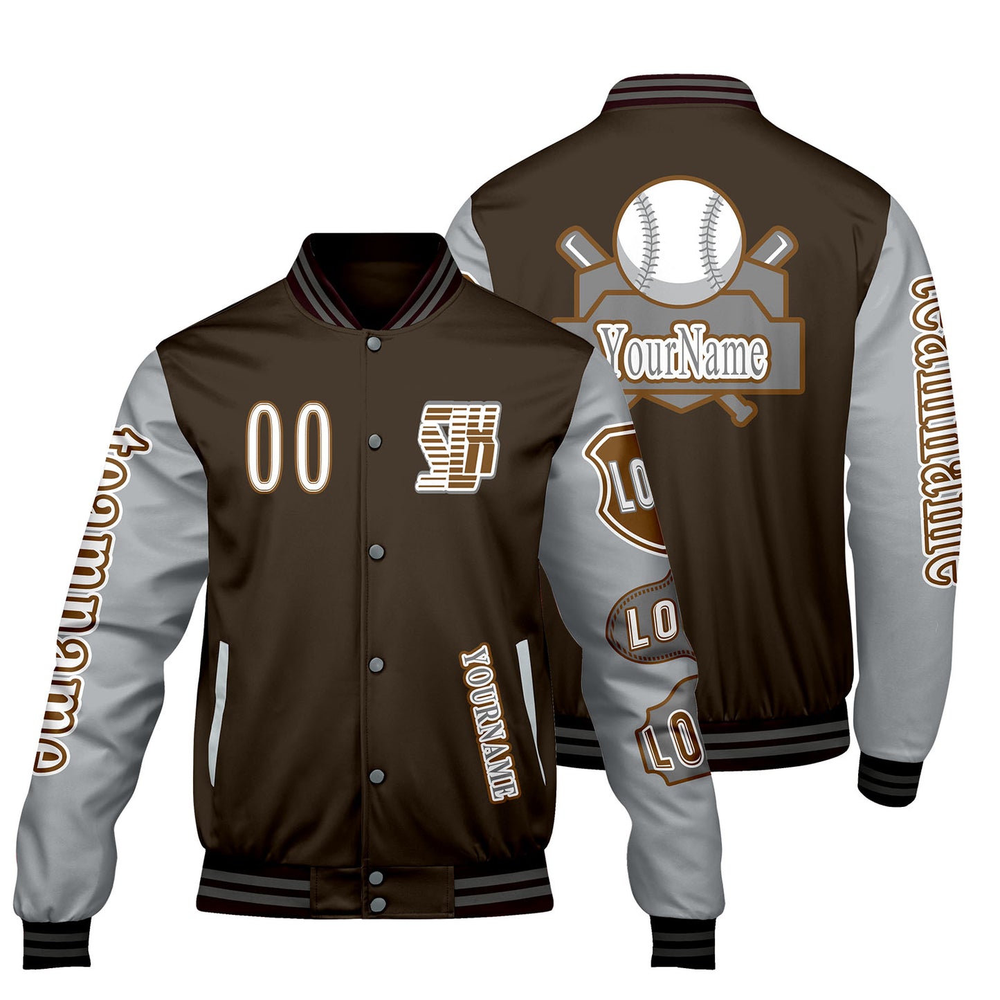Custom Brown Grey Letterman Varsity Jacket Personalized Embroidery Printing
