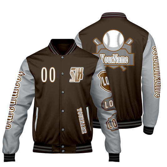 Custom Brown Grey Letterman Varsity Jacket Personalized Embroidery Printing