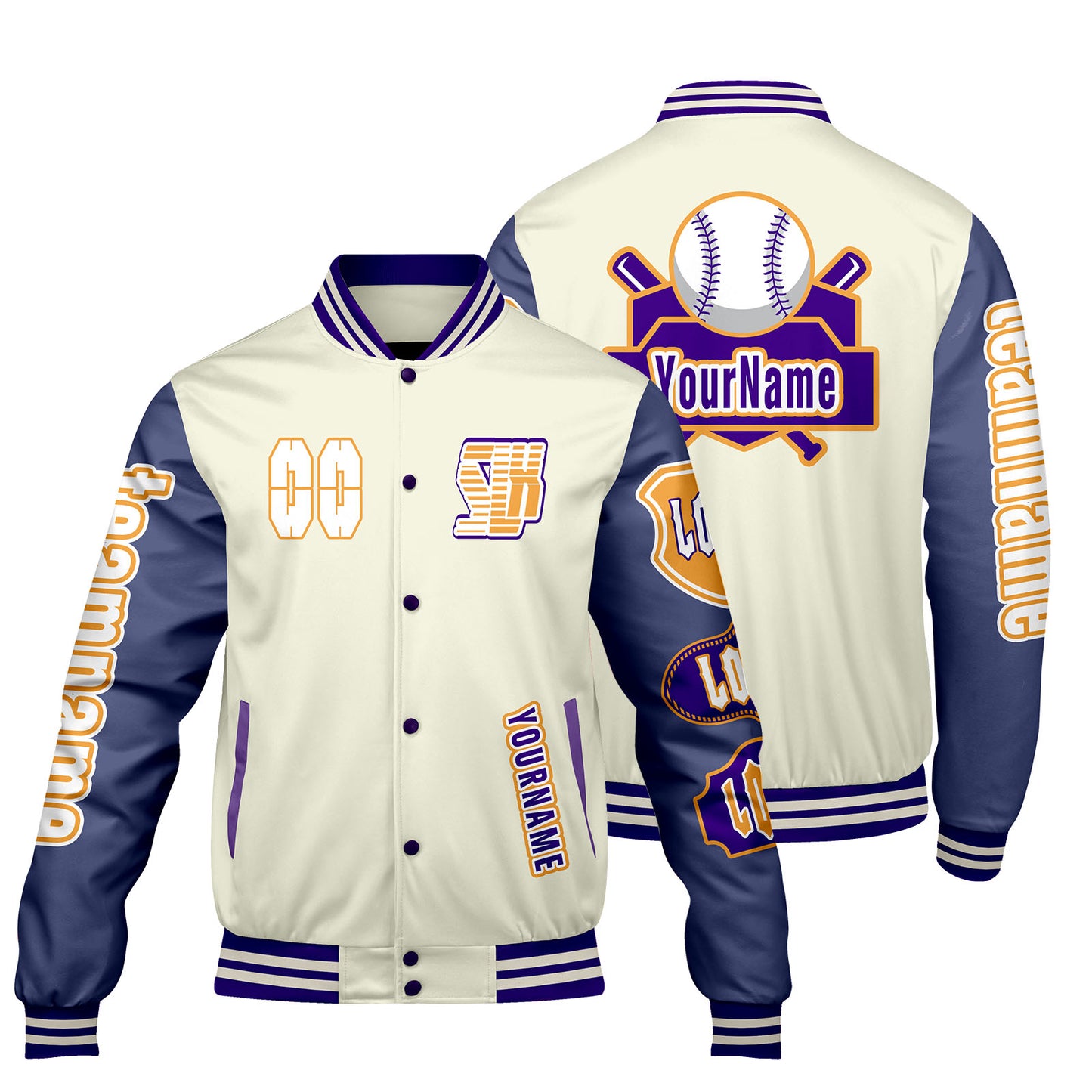 Custom White Purple Letterman Varsity Jacket Personalized Embroidery Printing