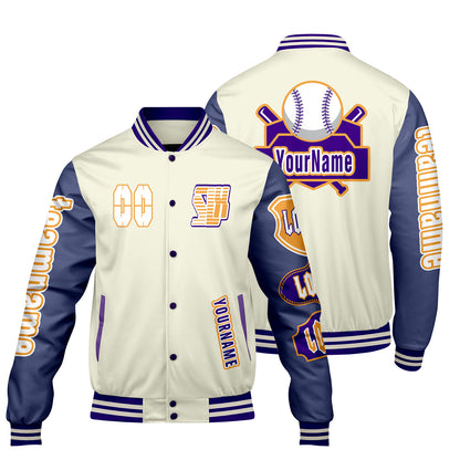 Custom White Purple Letterman Varsity Jacket Personalized Embroidery Printing