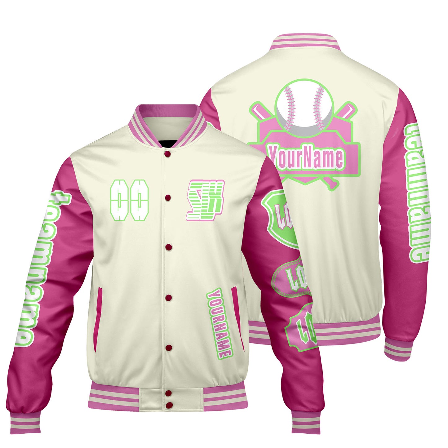 Custom White Pink Letterman Varsity Jacket Personalized Embroidery Printing