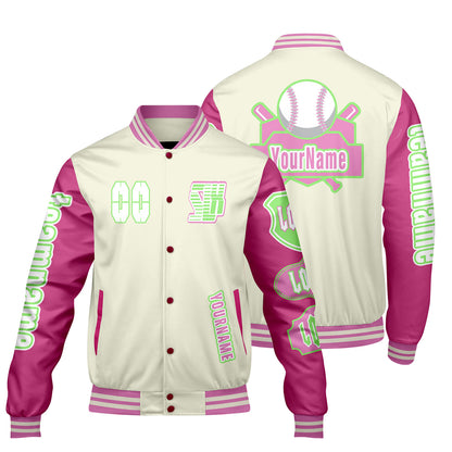 Custom White Pink Letterman Varsity Jacket Personalized Embroidery Printing