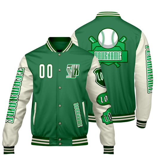 Custom Green White Letterman Varsity Jacket Personalized Embroidery Printing