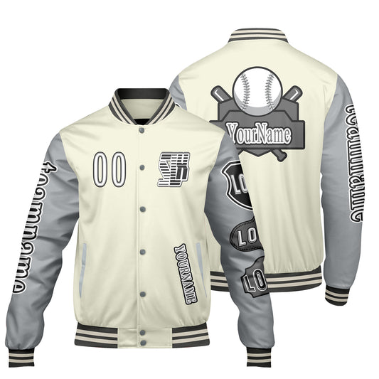 Custom White Grey Letterman Varsity Jacket Personalized Embroidery Printing