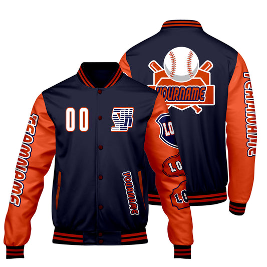 Custom Navy Orange Letterman Varsity Jacket Personalized Embroidery Printing