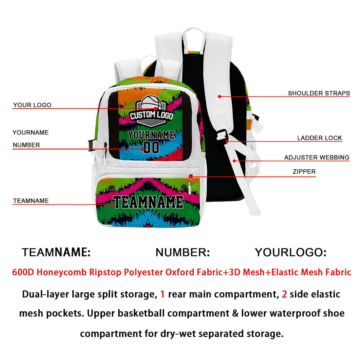 Custom White Basketball Soccer Backpack Personalized Player Names - Numbers & Team Logo #150-BP-0914-0021