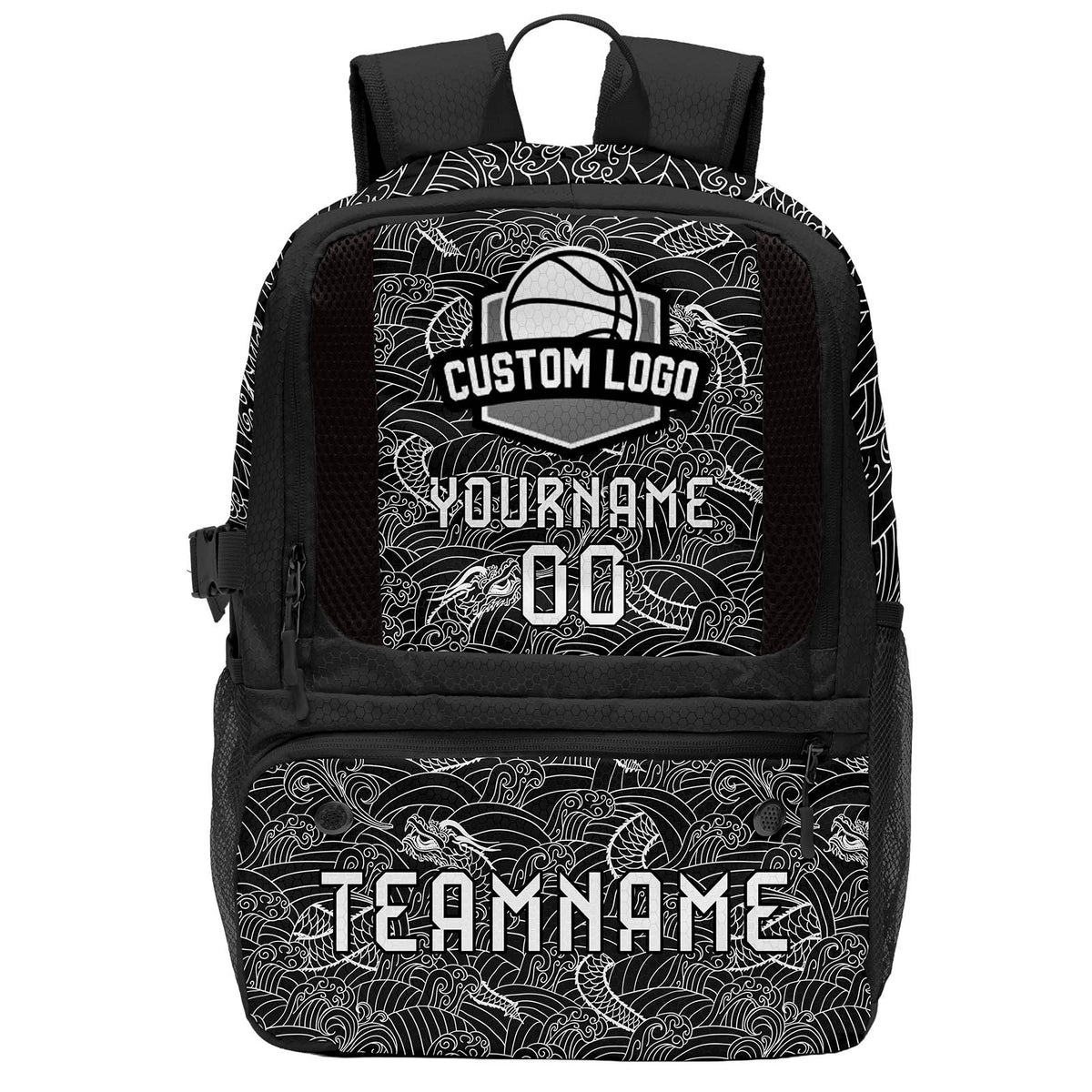 Custom Black White Basketball Soccer Backpack Personalized Player Names Numbers Team Logo #BB-0919-0004