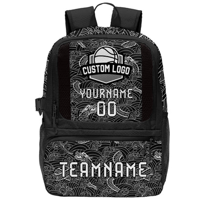 Custom Black White Basketball Soccer Backpack Personalized Player Names Numbers Team Logo #BB-0919-0004