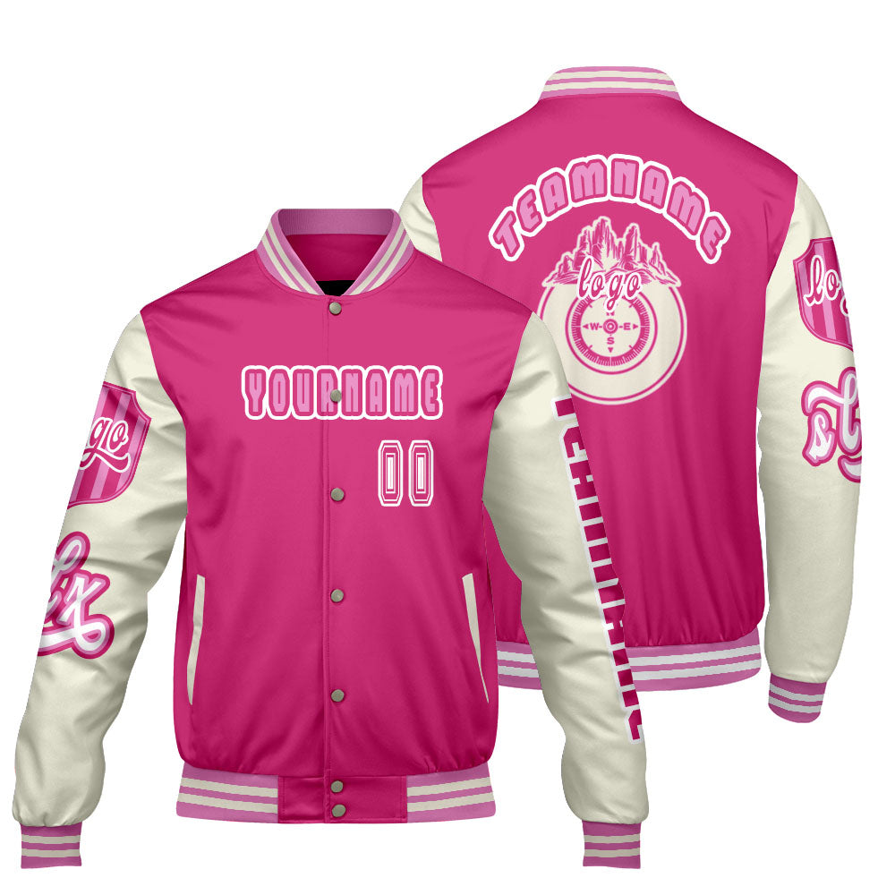 Custom Pink White Letterman Varsity Jacket Personalized Embroidery Printing