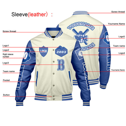 Custom White Royal Letterman Varsity Jacket Personalized Embroidery Printing