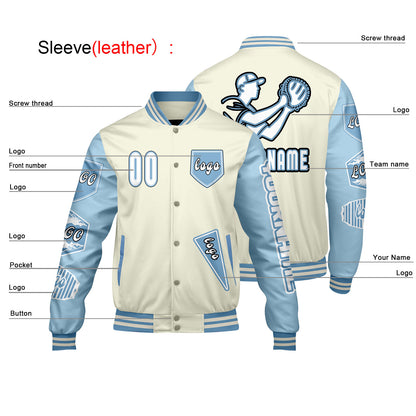 Custom White Lion Blue Letterman Varsity Jacket Personalized Embroidery Printing